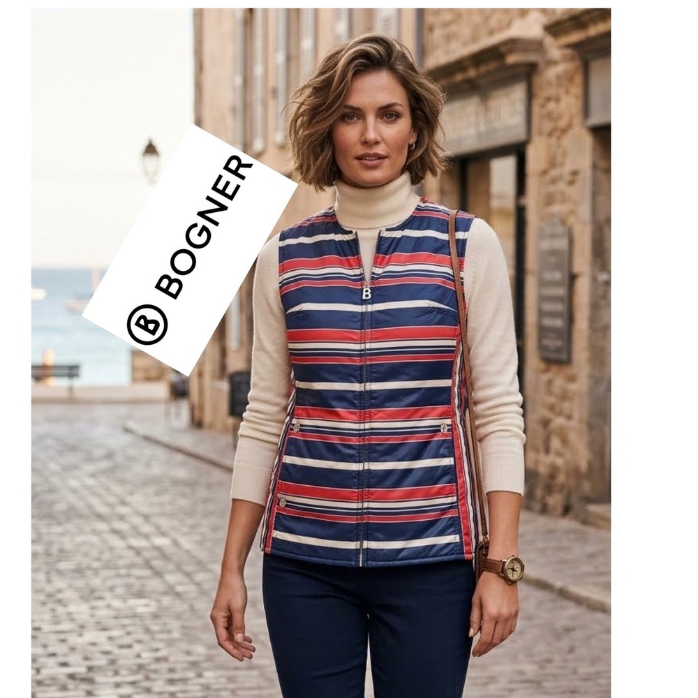 Bogner Vintage Striped Puffer Vest Red White Blue Nylon‎ Zip Front Size 12/40